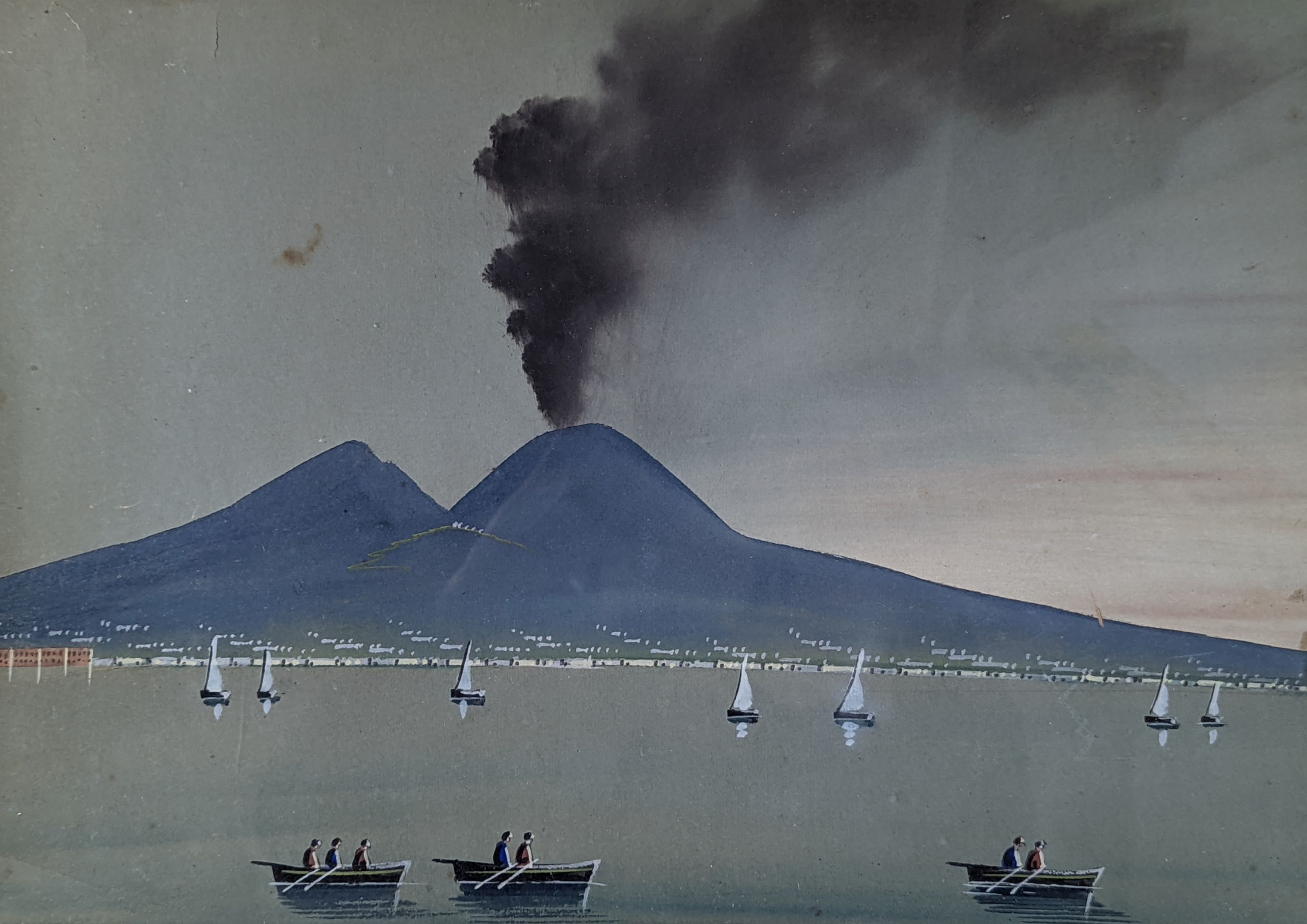 Neopolitan School, gouache, Bay of Naples with Vesuvius erupting, 33 x 43cm